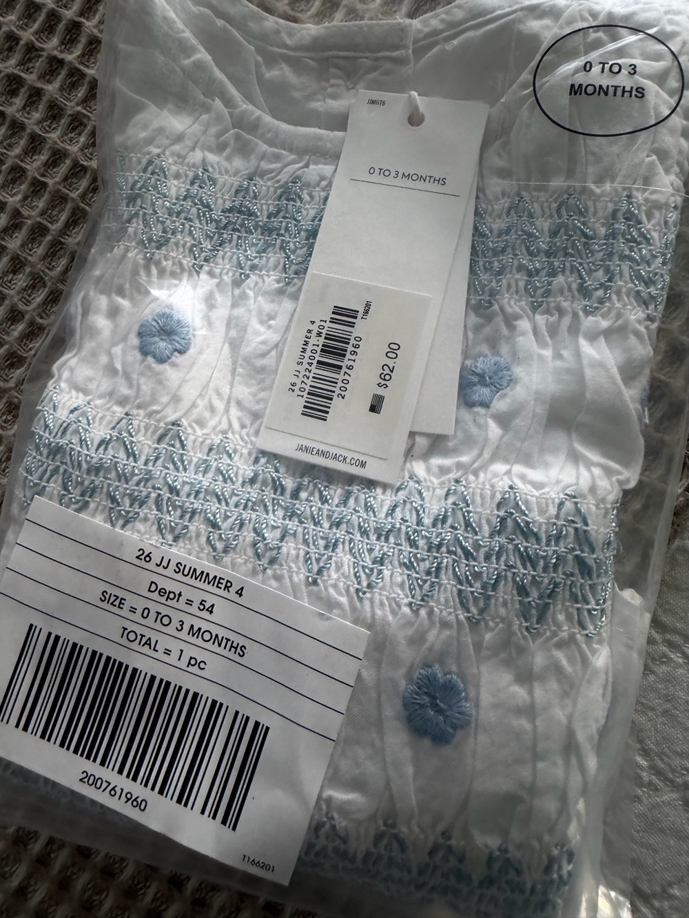 Janie and Jack White Smocked Baby two piece with Blue Embroidery - 0 to 3 Months